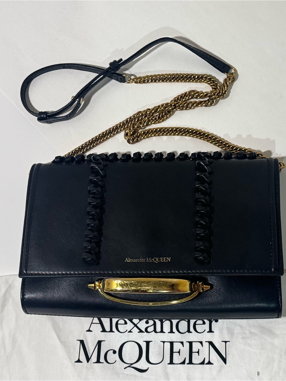 Alexander McQueen Black Leather Crossbody Bag with Gold Chain
